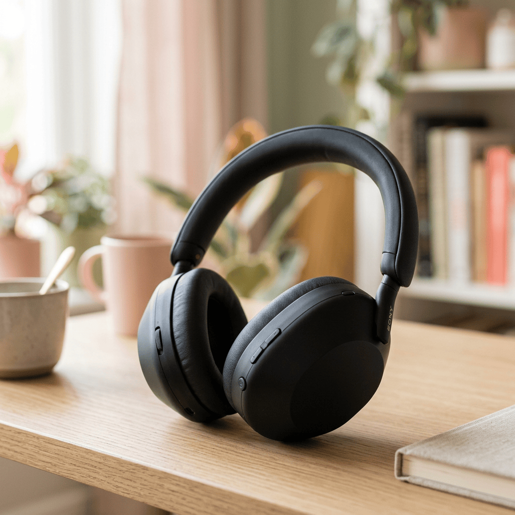 Black over-ear headphones resting on a wooden desk